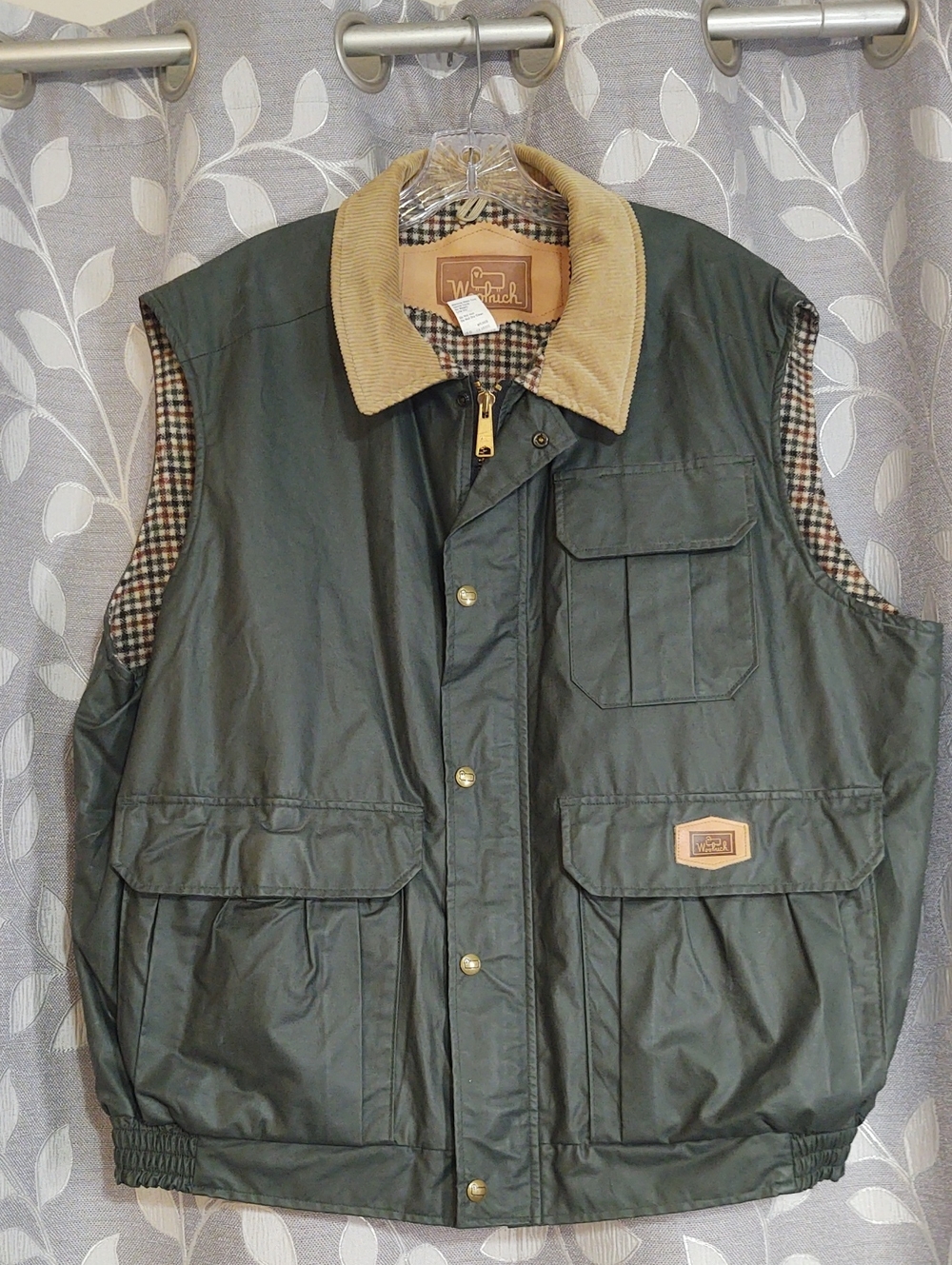 Vintage Woolrich Men's Waxed Cotton Plaid Wool Lined Corduroy Collar Green XL